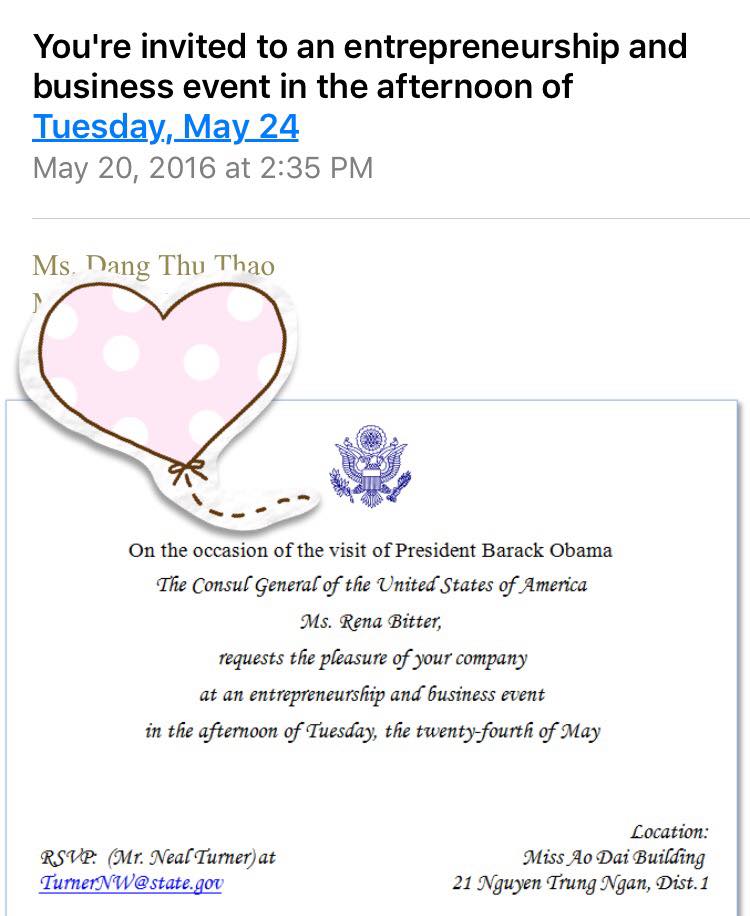 Lời mời Đặng Thu Thảo đến dự lễ đ&oacute;n tiếp Tổng thống Obama từ Tổng l&atilde;nh sự qu&aacute;n Mỹ