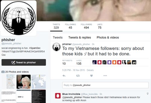 Hacker Phisher khẳng định đ&atilde; c&oacute; 5 thanh ni&ecirc;n Việt Nam mạo danh khủng bố IS v&agrave; tấn c&ocirc;ng v&agrave;o webchat của Anonymous