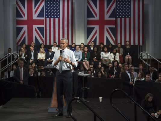 Tổng thống Mỹ Obama trong buổi ph&aacute;t biểu tại London (Anh)