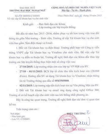 Văn bản của Đại học Ngoại ngữ Huế gửi cho c&aacute;c khoa v&agrave; lớp trưởng c&aacute;c lớp