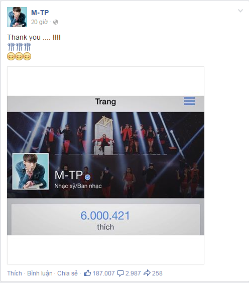 Ch&agrave;ng ca sĩ thể hiện vui mừng khi fanpage Sơn T&ugrave;ng M-TP đạt mốc 6 triệu lượt like