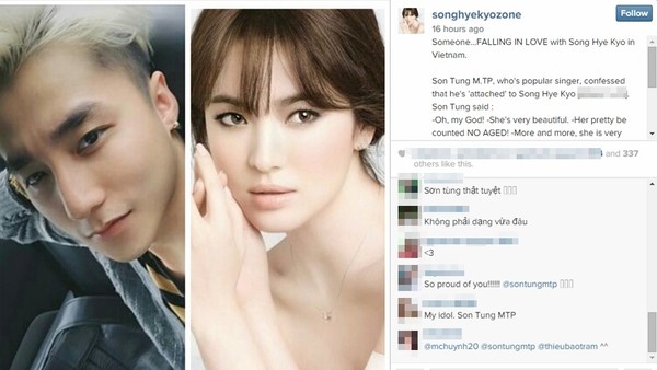 Fans h&agrave;o hứng khi Sơn T&ugrave;ng M-TP được gh&eacute;p đ&ocirc;i với Song Hye Kyo tr&ecirc;n Fanpage của c&ocirc;