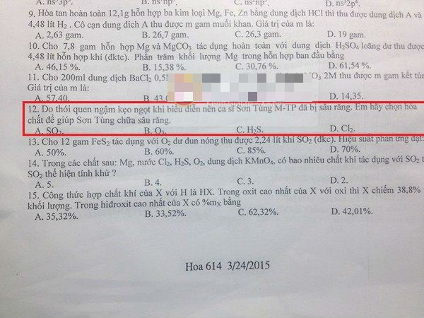 Đề thi H&oacute;a học c&oacute; t&igrave;nh tiết 'Sơn T&ugrave;ng M-TP ngậm kẹo m&uacute;t' được lan truyền nhanh ch&oacute;ng