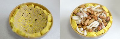 Xếp c&aacute;c khoanh trứng v&agrave;o b&aacute;t rồi cho th&ecirc;m nấm v&agrave; hấp c&aacute;ch thủy th&ecirc;m một khoảng thời gian ngắn