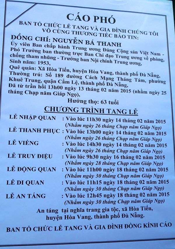 Cáo phó của gia đình ông Nguyễn Bá Thanh Cáo phó của gia đình ông Nguyễn Bá Thanh