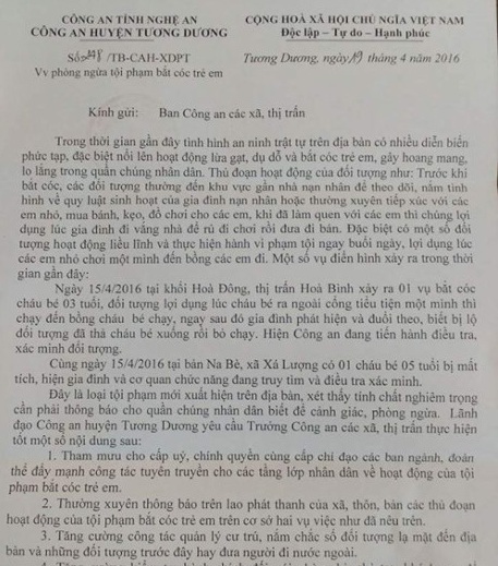 C&ocirc;ng văn khuyến c&aacute;o về nạn bắt c&oacute;c trẻ em ở Nghệ An của c&ocirc;ng an huyện Tương Dương
