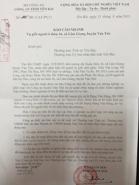 C&ocirc;ng an tỉnh Y&ecirc;n B&aacute;i b&aacute;o c&aacute;o về vụ thảm s&aacute;t giết 4 người trong một gia đ&igrave;nh