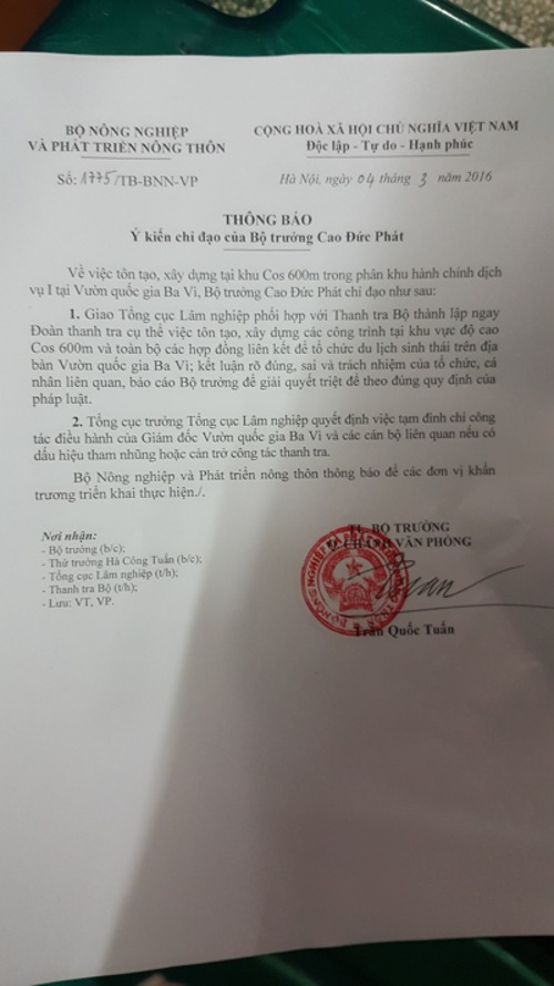 Bộ trưởng Cao Đức Phát chỉ đạo đình chỉ công tác Giám đốc Vườn Qu Bộ trưởng Cao Đức Phát chỉ đạo đình chỉ công tác Giám đốc Vườn Qu