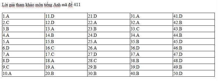 Đ&aacute;p &aacute;n Tiếng Anh m&atilde; đề 411