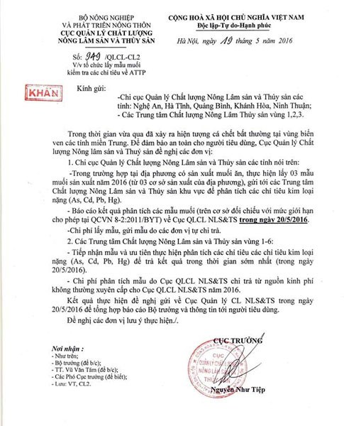 C&ocirc;ng văn khẩn của Cục Quản l&yacute; Chất lượng N&ocirc;ng L&acirc;m v&agrave; Thủy sản (Bộ NN&PTNT) sau sự kiện c&aacute; chết trắng miền Trung