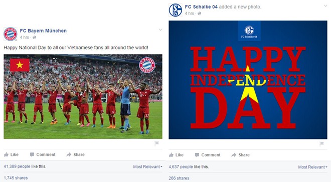 Hai đội b&oacute;ng đ&aacute; ch&acirc;u &Acirc;u Bayern Munich v&agrave; Schalke 04 cũng kh&ocirc;ng qu&ecirc;n tri &acirc;n cổ động vi&ecirc;n Việt Nam nh&acirc;n ng&agrave;y lễ trọng đại 2/9