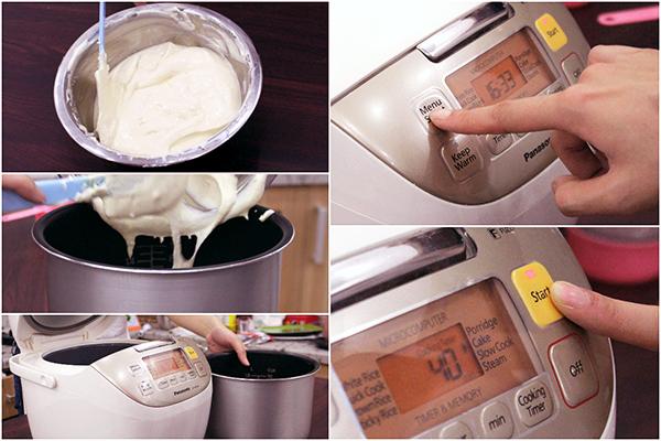 Qu&eacute;t bơ v&agrave;o xung quanh đ&aacute;y nồi rồi cho hết hỗn hợp bột v&agrave;o