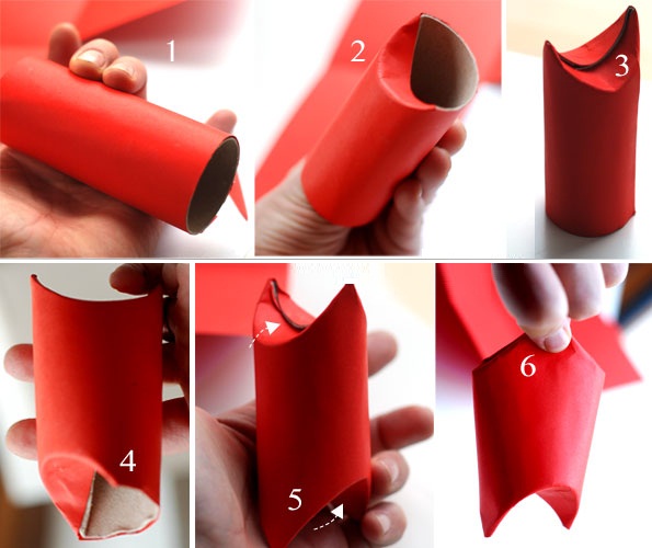 Ấn hai điểm đối diện trên miệng lõi giấy lõm vào 1cm, miết cho vết lõm xuôi dần sang hai nửa lõi giấy Ấn hai điểm đối diện trên miệng lõi giấy lõm vào 1cm, miết cho vết lõm xuôi dần sang hai nửa lõi giấy