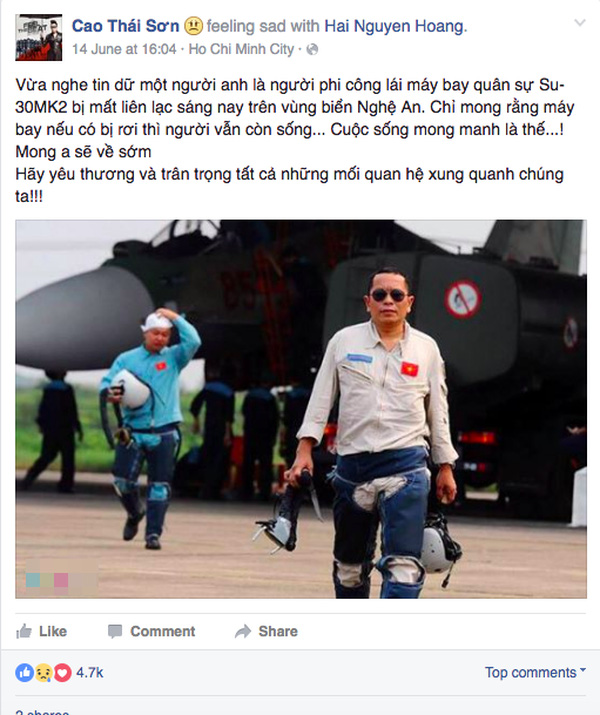 Ca sĩ Cao Th&aacute;i Sơn đau buồn khi nghe tin phi c&ocirc;ng Trần Quang Khải hy sinh