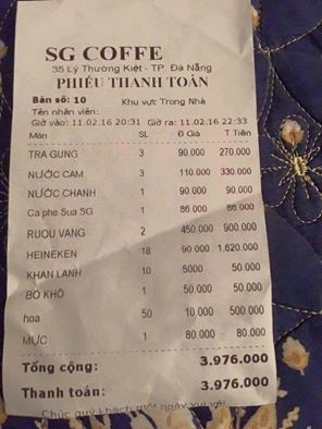 Tờ h&oacute;a đơn gần 4 triệu đồng của qu&aacute;n caf&eacute; SG Coffee khiến kh&aacute;ch h&agrave;ng cảm thấy bị &lsquo;chặt ch&eacute;m&rsquo; ở Đ&agrave; Nẵng