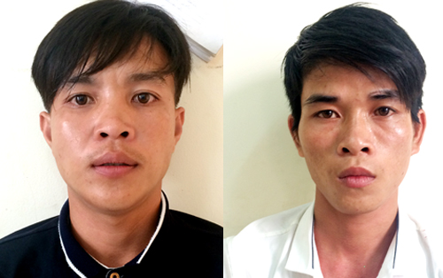 Nguy&ecirc;n (phải) v&agrave; Đ&agrave;n bị c&aacute;c trinh s&aacute;t B&igrave;nh Dương bắt giữ ngay trong tiệc cưới của Nguy&ecirc;n