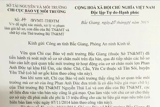 C&ocirc;ng văn của chi cục BVMT Bắc Giang x&aacute;c minh v&agrave; xử l&yacute; trường hợp l&agrave;m giả chữ k&yacute; v&agrave; hồ sơ giả