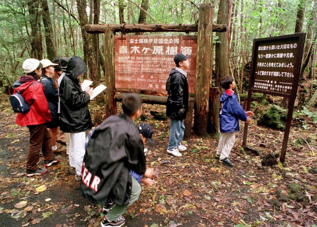 Ngay cổng khu rừng Aokigahara c&oacute; bảng ghi ch&uacute; &ldquo;Cuộc sống l&agrave; m&oacute;n qu&agrave; qu&yacute; gi&aacute;&rdquo; từ cha mẹ để khuy&ecirc;n những ai đến đ&acirc;y tự tử. Ảnh: D&acirc;n tr&iacute;