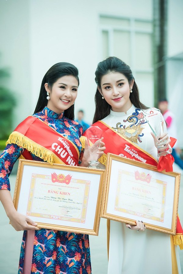 Huyền My v&agrave; Hoa hậu Ngọc H&acirc;n đ&atilde; vinh dự được ban tổ chức tặng bằng khen