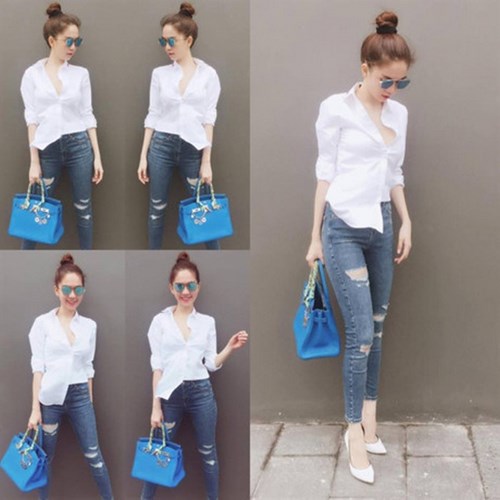 Mẹo phối quần jeans r&aacute;ch với &aacute;o sơ mi s&agrave;nh điệu như sao Việt