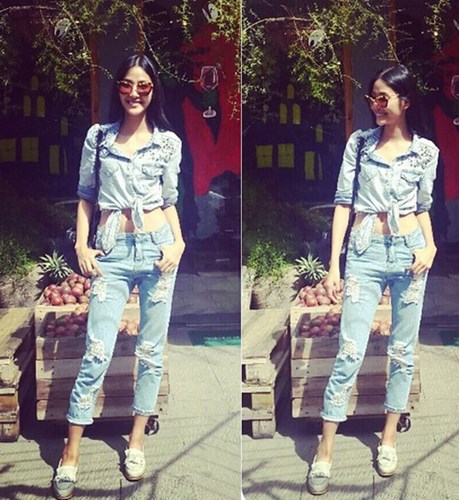 Mẹo phối quần jeans r&aacute;ch với &aacute;o sơ mi s&agrave;nh điệu như sao Việt