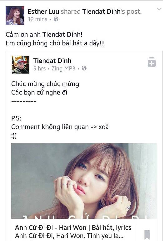 Tiến Đạt chia sẻ b&agrave;i h&aacute;t mới của Hari Won tr&ecirc;n facebook c&aacute; nh&acirc;n