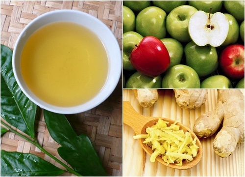 2 cốc trà xanh, 1 quả táo ép lấy nước, gừng thái lát