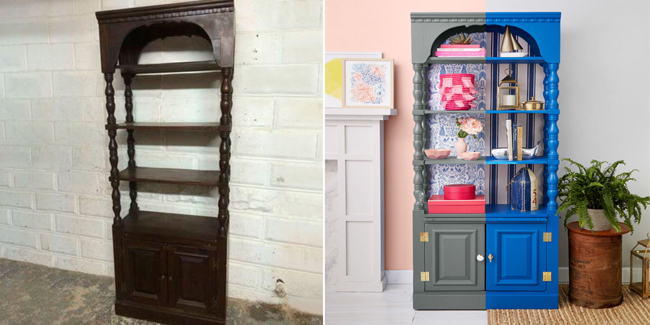 Hãy đem lại sức sống mới cho chiếc kệ trang trí nhà bạn chỉ bằng tấm giấy dán tường và sơn. Bạn có thể tạo nên nét đặc sắc bằng cách chia đôi chiếc kệ và trang trí bằng hai tông màu khác nhau. 