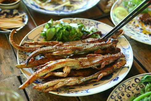 Con dông hiện nay là đặc sản của vùng đồi cát Ninh Thuận. Cùng với xu hướng thưởng thức các món ăn ngon, lạ thì ngành nuôi dế, nuôi bọ cạp, nuôi dông ngày càng phát triển. Các món ngon từ con dông gồm có gỏi dông và dông nướng. Gỏi dông khác với những món gỏi sống khác, gỏi dông được làm khá kỳ công. Dông để nguyên con, chế nước sôi vào khoảng vài phút rồi cạo nhẹ cho bong sạch lớp da đất bên ngoài, làm sạch ruột. Sau đó để ráo nước rồi đem luộc chín xé lấy thịt và loại bỏ phần xương. Gỏi dông bằm trộn chung với rau sống xúc với bánh tráng thật là hết ý.