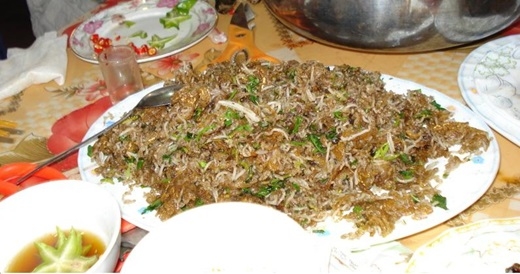 Bún xào ngán nhưng càng ăn càng ghiền chứ không hề ngán. Thật ra, ngán ở đây là một loài động vật nhuyễn thể, có vỏ cứng, thuộc họ sò hến và thường sống nơi bùn đất ven biển. Đặc biệt, ở Quảng Ninh, loài ngán này có khá nhiều. Thoạt nhìn, tôi hơi hụt hẫng vì một dĩa bún xào ngán không có nhiều màu sắc và bày trí không hấp dẫn, chỉ có màu trắng của bún trộn lẫn với màu đen của ngán, có thêm mộc nhĩ, nấm hương cũng màu đen cùng một chút màu xanh hành lá. Nhưng đến khi thử qua đũa đầu tiên, tôi cứ bần thần mãi bởi vị cay nồng rất đặc trưng của ngán, lại ăn cùng mộc nhĩ, nấm hương, mùi thơm thoang thoảng của mỡ và hành phi.