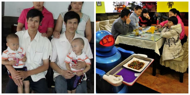 Nhà hàng Robot, Trung Quốc: Nhà hàng nằm tại thành phố Cáp Nhĩ Tân, Trung Quốc, mở cửa 21 tiếng một ngày để tiếp đón các thực khách. Nhà hàng được điều hành bởi 2 cặp vợ chồng mà 2 người chồng là anh em sinh đôi và 2 người vợ cũng là chị em sinh đôi. Điều đặc biệt của nhà hàng này là đội ngũ nhân viên gồm 20 robot, đảm nhiệm các vị trí lễ tân, nấu nướng, phục vụ bàn và thậm chí là cả hát cho khách hàng. 
