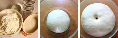 Chuẩn bị đầy đủ nguy&ecirc;n liệu, sau đ&oacute; cho bột m&igrave;, đường, men nở, bột nở, th&ecirc;m &iacute;t nước v&agrave;o b&aacute;t lớn, nh&agrave;o đều. Rồi đậy k&iacute;n, ủ đến khi bột nở l&ecirc;n to gấp đ&ocirc;i ban đầu.