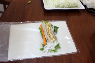 Trải b&aacute;nh nem sau đ&oacute; xếp lần lượt rau thơm, b&uacute;n, dưa chuột, c&agrave; rốt, xo&agrave;i, dứa, gi&ograve;, trứng l&ecirc;n (N&ecirc;n chọn mỗi thứ một ch&uacute;t đặt v&agrave;o phần đầu của b&aacute;nh đa nem). Sau đ&oacute; cuộn tr&ograve;n lại. V&igrave; b&aacute;nh rất mềm n&ecirc;n cần nhẹ tay để b&aacute;nh kh&ocirc;ng bị r&aacute;ch.