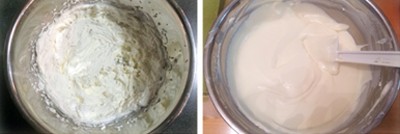 Đ&aacute;nh b&ocirc;ng 200g whipping cream, rồi đổ hỗn hợp ph&iacute;a tr&ecirc;n v&agrave;o, trộn đều.