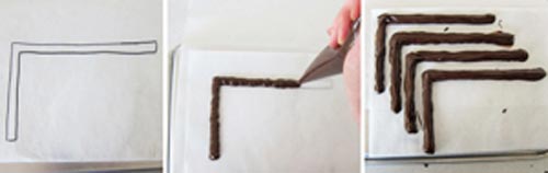 Đun chảy chocolate v&agrave; cho v&agrave;o t&uacute;i b&oacute;p kem. Sau đ&oacute;, vẽ l&ecirc;n giấy nến h&igrave;nh ch&acirc;n nhện (hơi giống chữ L) v&agrave; nhanh tay d&ugrave;ng dĩa chấm nhẹ để tạo độ x&ugrave; x&igrave;.
