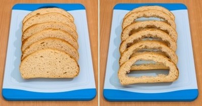 Nướng b&aacute;nh mỳ trứng với xốt: Trước ti&ecirc;n, b&aacute;nh mỳ được cắt l&agrave;m 6 l&aacute;t mỏng 1,5cm - 2cm, kho&eacute;t bỏ ruột để c&oacute; khoang trống ch&egrave;n trứng.