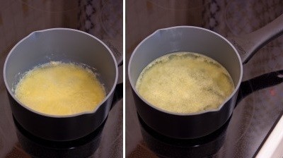 Khuấy đều 1 th&igrave;a bột v&agrave;o bơ, sau đ&oacute; đổ nước d&ugrave;ng g&agrave; hay nước luộc thịt khuấy c&ugrave;ng.
