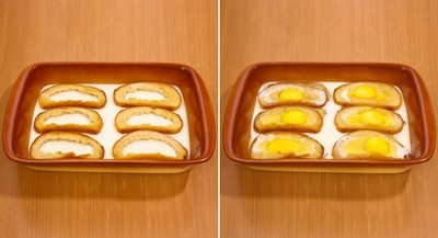 Xếp c&aacute;c l&aacute;t b&aacute;nh v&agrave;o khu&ocirc;n đang chứa xốt, đập mỗi quả trứng v&agrave;o giữa c&aacute;c l&aacute;t b&aacute;nh, gắng đập sao cho l&ograve;ng đỏ được giữ nguy&ecirc;n h&igrave;nh, rắc x&iacute;u muối v&agrave;o giữa trứng. Cuối c&ugrave;ng bạn cho khay b&aacute;nh mỳ trứng v&agrave;o l&ograve; nướng c&ugrave;ng xốt ở 180 độ C chừng 20 ph&uacute;t - 25 ph&uacute;t.