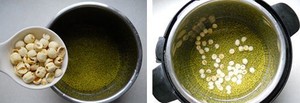 Cho cả đậu xanh v&agrave; hạt sen v&agrave;o nồi &aacute;p suất, th&ecirc;m nước v&agrave;o nấu ch&iacute;n mềm trong khoảng 20 ph&uacute;t.