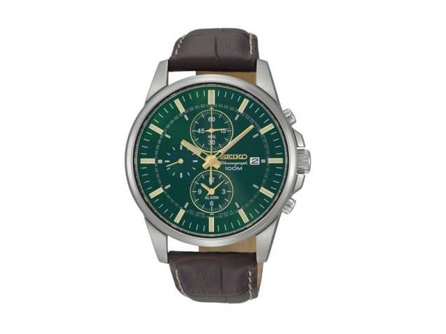 Seiko Men’s Stainless Steel Green Dial Chronograph màu xanh dương với đường kính mặt 40,5mm, case độ dày 10,2mm, vỏ được làm bằng thép không gỉ với dây da cá sấu hoa văn màu nâu và hình tròn hoàn mỹ là lựa chọn hoàn hảo dành cho các quý ông. Mẫu đồng hồ này có khả năng chống thấm nước ở độ sâu 300 feet. Các tính năng tương phản qua các màu trắng, vàng không chỉ tạo ra chế độ phát sáng khi điều chỉnh đồng hồ, chỉ thị thời gian thông thường (giờ, phút, giây và ngày) mà còn có thể được sử dụng cho một hoặc nhiều phép đo thời gian đặc biệt. Hiện Seiko Men’s Stainless Steel Green Dial Chronograph được bán với mức giá chính thức khoảng 5.117.000 đồng. Seiko Men’s Stainless Steel Green Dial Chronograph màu xanh dương với đường kính mặt 40,5mm, case độ dày 10,2mm, vỏ được làm bằng thép không gỉ với dây da cá sấu hoa văn màu nâu và hình tròn hoàn mỹ là lựa chọn hoàn hảo dành cho các quý ông. Mẫu đồng hồ này có khả năng chống thấm nước ở độ sâu 300 feet. Các tính năng tương phản qua các màu trắng, vàng không chỉ tạo ra chế độ phát sáng khi điều chỉnh đồng hồ, chỉ thị thời gian thông thường (giờ, phút, giây và ngày) mà còn có thể được sử dụng cho một hoặc nhiều phép đo thời gian đặc biệt. Hiện Seiko Men’s Stainless Steel Green Dial Chronograph được bán với mức giá chính thức khoảng 5.117.000 đồng.