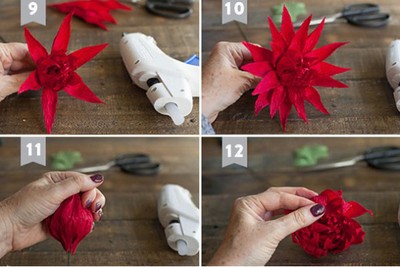 D&ugrave;ng s&uacute;ng bắn keo d&aacute;n 6 c&aacute;nh hoa b&ecirc;n ngo&agrave;i lớp c&aacute;nh hoa thứ nhất tạo lớp c&aacute;nh hoa thứ hai, d&aacute;n 6 c&aacute;nh hoa tiếp theo xen kẽ 6 c&aacute;nh hoa b&ecirc;n trong tạo lớp c&aacute;nh hoa thứ ba, v&agrave; d&aacute;n 4 c&aacute;nh hoa c&ograve;n lại b&ecirc;n ngo&agrave;i lớp c&aacute;nh hoa thứ ba. Sau đ&oacute;, d&ugrave;ng tay b&oacute;p nhẹ đầu c&aacute;c c&aacute;nh hoa &uacute;p v&agrave;o trong, d&ugrave;ng tay uốn cong đầu mũi c&aacute;nh hoa cong &uacute;p v&agrave;o cho đẹp.