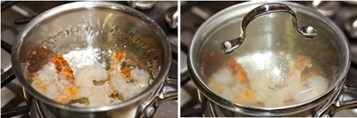 Về phần t&ocirc;m, đun một nồi nước s&ocirc;i, cho &iacute;t rượu sake v&agrave; t&ocirc;m v&agrave;o, đậy nắp. Khi thấy t&ocirc;m chuyển m&agrave;u th&igrave; tắt bếp nhưng vẫn đậy nắp để t&ocirc;m ch&iacute;n hẳn th&igrave; lấy ra, để ri&ecirc;ng.