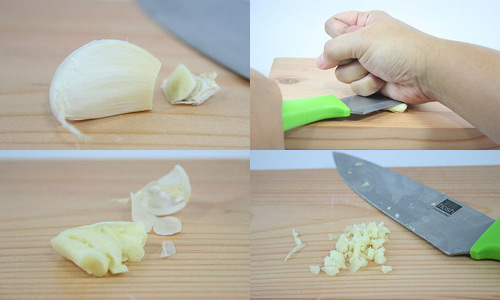 Tỏi b&oacute;c vỏ lụa, băm nhuyễn 2 t&eacute;p, 3 l&aacute;t c&ograve;n lại th&aacute;i l&aacute;t d&agrave;y 0,2 cm.