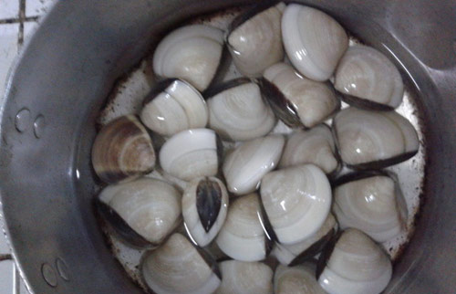 Ng&acirc;m ngao v&agrave;o nước muối khoảng 2 &ndash; 4 tiếng cho ngao nhả hết c&aacute;t bẩn.