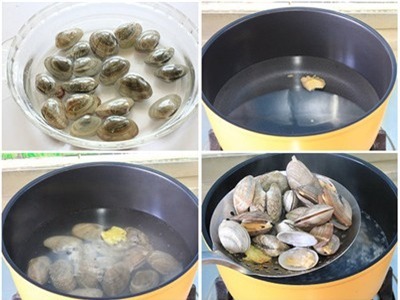 Ngao ng&acirc;m nước muối vớt ra, rửa lại bằng nước sạch. Cho v&agrave;o nồi luộc cho đến khi ngao mở miệng. Sau đ&oacute;, cho ngao ra để r&aacute;o nước. Phần nước ngao gạn lấy nước ngao trong, d&ugrave;ng để nấu canh rau m&ugrave;ng tơi, ng&oacute;t hoặc rau đay đều rất ngon.