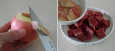 Rửa sạch t&aacute;o, gọt vỏ rồi cắt nhỏ phần vỏ n&agrave;y, cho v&agrave;o chung với phần thịt b&ograve; (v&igrave; trong vỏ t&aacute;o c&oacute; chứa h&agrave;m lượng enzyme gi&uacute;p thịt b&ograve; trở n&ecirc;n mềm ngon hơn). Phần thịt t&aacute;o bỏ l&otilde;i, cắt miếng vu&ocirc;ng với k&iacute;ch cỡ nhỏ hơn k&iacute;ch cỡ miếng thịt b&ograve; một ch&uacute;t rồi ng&acirc;m v&agrave;o nước c&oacute; pha ch&uacute;t muối cho t&aacute;o khỏi th&acirc;m.