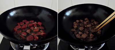 L&agrave;m n&oacute;ng chảo dầu ăn ở lửa vừa v&agrave; nhỏ, rồi cho thịt b&ograve; v&agrave;o. Sau khi thịt đ&atilde; bắt đầu chuyển m&agrave;u th&igrave; đảo cho thịt ch&iacute;n đều.