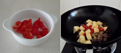 Rửa sạch ớt chu&ocirc;ng rồi cắt nhỏ. Cuối c&ugrave;ng, cho t&aacute;o v&agrave; ớt v&agrave;o x&agrave;o chung đến khi n&agrave;o ớt v&agrave; t&aacute;o mềm l&agrave; được.