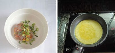 Cho th&ecirc;m 1/2 th&igrave;a c&agrave; ph&ecirc; muối v&agrave;o b&aacute;t t&ocirc;m - thịt, b&oacute;p nh&agrave;o đều bằng tay cho dễ nhuyễn d&iacute;nh v&agrave; đều vị, sau c&ugrave;ng th&aacute;i nhỏ h&agrave;nh hoa cho v&agrave;o nh&agrave;o qua ướp t&ocirc;m thịt chừng 15 ph&uacute;t. Trong l&uacute;c ướp t&ocirc;m - thịt, đập trứng ra b&aacute;t kh&aacute;c, rắc 2 th&igrave;a c&agrave; ph&ecirc; tinh bột ng&ocirc; v&agrave;o, cho th&ecirc;m 20ml nước, c&oacute; thể th&ecirc;m ch&uacute;t x&iacute;u muối, đ&aacute;nh đều trứng - bột v&agrave; cho v&agrave;o chảo nghi&ecirc;ng l&aacute;ng rộng tay rồi r&aacute;n &aacute;p chảo lửa nhỏ cho săn se hai mặt, tạo th&agrave;nh một m&agrave;ng trứng bột mỏng ch&iacute;n hơi.