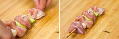 Lần lượt xiên gà và hành qua que, mỗi que dài khoảng 13cm, xiên khoảng 4 miếng gà, 3 lát hành là đủ.